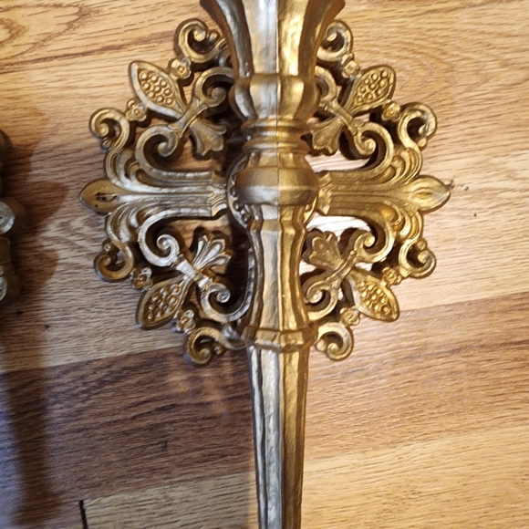 Vintage Syroco Wall Tapered Candle Sconce Pair Gold Ornate Plastic MCM - Picture 3 of 4